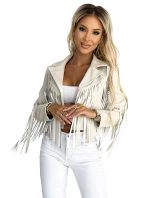 624-1 Krátká bunda s třásněmi z měkké ekokůže - béžová