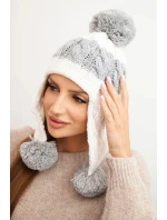 Dámská zimní čepice vlněná s bambulkami a ušima K447 bílá + šedá
