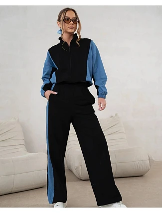 Tepláková souprava mikina na zip + široké kalhoty černo-modrá (821151)