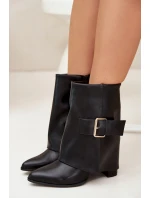 Zateplené boty na podpatku s ohrnutým svrškem a zlatou sponou černé Ylenara