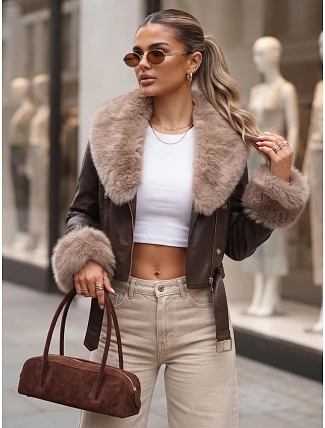 Dámská zimní kožená bunda s kožešinou, hnědá, FashionStreet TY5979 Dámská zimní kožená bunda s kožešinou, hnědá, FashionStreet TY5979