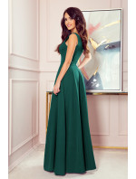 CINDY - Dlouhé dámské šaty v lahvově zelené barvě s výstřihem 246-4