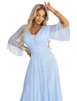 654-3 Dlouhé třpytivé plus size šaty s výstřihem a průhlednými rukávy - modré