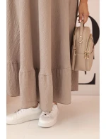 Dámské šaty plus size s krátkým rukávem a volánem z lehké viskózy cappuccino Dámské šaty plus size s krátkým rukávem a volánem z lehké viskózy cappuccino