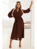 651-1 Šaty midi s knoflíky a páskem - čokoládové