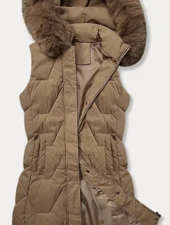 Tmavě béžová dámská vesta s kapucí olemovanou kožešinou J Style (16M9172-84)