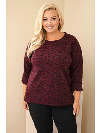 Dámská halenka Plus Size s leopardím vzorem s delším zadním dílem bordó czerwony