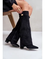 Dámské zateplené kozačky na sloupkovém podpatku s vyhrnutou holení Evyra – béžové, eko semiš