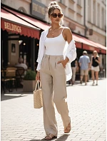 Dámské lněné kalhoty s širokými nohavicemi béžové FashionStreet UY3079