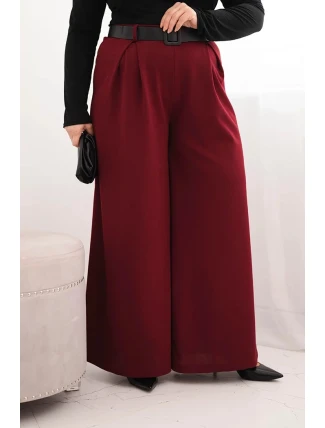 Dámské kalhoty Plus Size s širokým nohavicím a páskem bordové