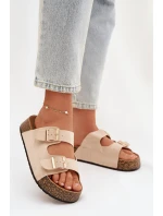 Dámské pantofle na korkové platformě se zlatými sponami světle béžové Tovessa