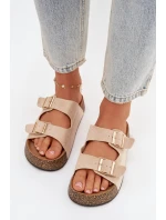 Dámské pantofle na korkové platformě se zlatými sponami světle béžové Tovessa