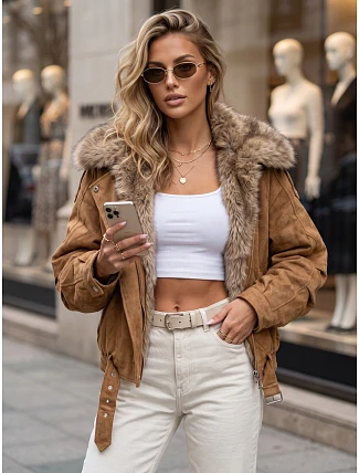 Dámská zimní bunda s kožešinovým límcem v barvě kamelové, FashionStreet TY5702 Dámská zimní bunda s kožešinovým límcem v barvě kamelové, FashionStreet TY5702