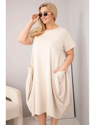 Dámské šaty Plus Size z bavlny s kapsami béžové