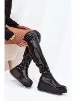 Lakované Kozačky Nad Kolena Na Platformě A S Delikátní Podpatkem Černé Tavina