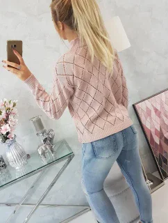 Svetr s polovičním rolákem a kosočtvercovým vzorem pudrově růžový