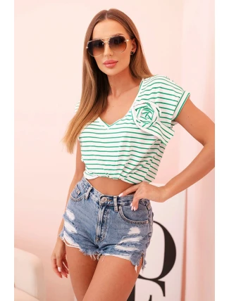 Dámská bavlněná blůza s proužky a výstřihem do V zelená