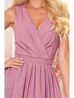 JUSTINE - Dlouhé dámské šaty v pudrově růžové barvě s brokátem, s výstřihem a zavazováním 362-1