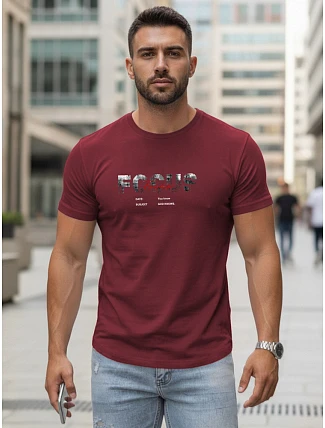 Pánské tričko s velkým nápisem, bavlněné, vínové, FashionStreet NX5137R Pánské tričko s velkým nápisem, bavlněné, vínové, FashionStreet NX5137R