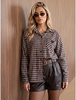 Dámská bavlněná košile s hnědým kostkovaným vzorem FashionStreet DY0504 Dámská bavlněná košile s hnědým kostkovaným vzorem FashionStreet DY0504
