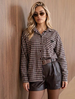 Dámská bavlněná košile s hnědým kostkovaným vzorem FashionStreet DY0504