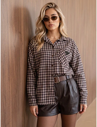 Dámská bavlněná košile s hnědým kostkovaným vzorem FashionStreet DY0504 Dámská bavlněná košile s hnědým kostkovaným vzorem FashionStreet DY0504
