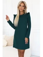264-2 NELL Elegantní trapézové šaty s volánky na ramenou - lahvově zelené