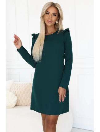 264-2 NELL Elegantní trapézové šaty s volánky na ramenou - lahvově zelené