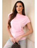 Dámská žebrovaná halenka z viskózy s vodopádovým výstřihem a řasením bonbónově růžová