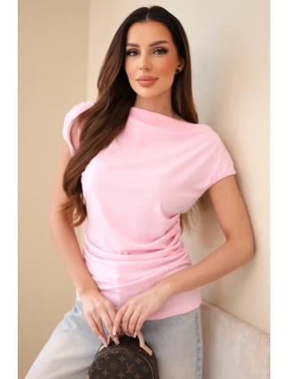 Dámská žebrovaná halenka z viskózy s vodopádovým výstřihem a řasením bonbónově růžová