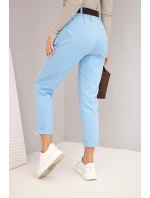 Dámské bavlněné kalhoty s páskem a ohrnutým lemem modré