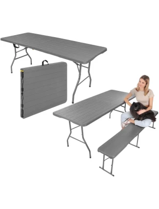 DŘEVĚNÝ STŮL SKLÁDACÍ V KUFŘÍKU 180x74CM MAX.100KG DŘEVĚNÁ DESKA TEMNĚ ŠEDÁ DŘEVĚNÝ STŮL SKLÁDACÍ V KUFŘÍKU 180x74CM MAX.100KG DŘEVĚNÁ DESKA TEMNĚ ŠEDÁ