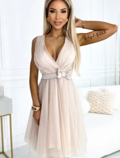 523-3 Tylové šaty s výstřihem a mašlí - BEACH