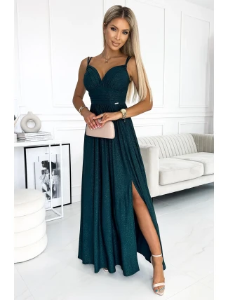 460-1 JOVITE brokátové dlouhé šaty bez ramínek s rozparkem na nohou - BOTTLE GREEN 460-1 JOVITE brokátové dlouhé šaty bez ramínek s rozparkem na nohou - BOTTLE GREEN
