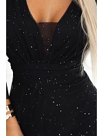 654-5 Dlouhé lesklé plus size šaty s výstřihem a průhlednými rukávy - černé