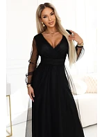 664-3 Dlouhé maxi šaty s tylovými rukávy a obálkovým výstřihem - černé