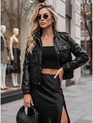Dámská kožená bomberová bunda na přechodné období, černá, FashionStreet TY5856 Dámská kožená bomberová bunda na přechodné období, černá, FashionStreet TY5856