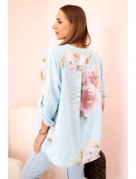 Dámská blůza z bavlny s květinovým vzorem a knoflíky modrý