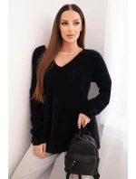 Dámský svetr s vlnou a výstřihem do V černý