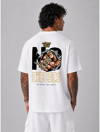 Pánské bavlněné tričko oversize s potiskem No Excuses bílé NX4006R Pánské bavlněné tričko oversize s potiskem No Excuses bílé NX4006R