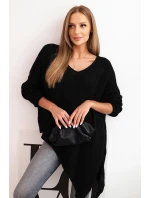 Svetr dámský vlněný asymetrický Plus Size s výstřihem do V černý Svetr dámský vlněný asymetrický Plus Size s výstřihem do V černý