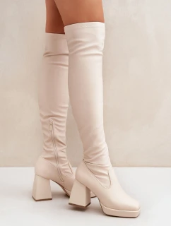 Upnuté kozačky nad kolena na podpatku jasně béžové Sanniraen