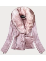 Dámská semišová bunda ramoneska v pudrově růžové barvě s kožešinou (6501)