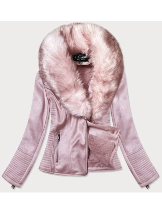 Dámská semišová bunda ramoneska v pudrově růžové barvě s kožešinou (6501)