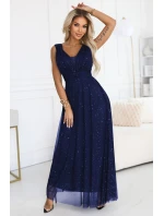 637-3 Večerní dlouhé šaty s brokátovým akcentem a hlubokým výstřihem - tmavě modré 637-3 Večerní dlouhé šaty s brokátovým akcentem a hlubokým výstřihem - tmavě modré