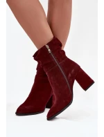 Kotníkové boty z přírodního semiše s vyhříváním na podpatku s mašlí Zazoo 4216 bordó