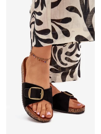 Dámské pantofle s přezkou na korkové platformě – černé Zavira