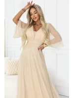 654-2 Dlouhé třpytivé plus size šaty s výstřihem a průhlednými rukávy - šampaňsko-béžové