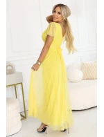 562-8 NASTIA Dlouhé šaty s výstřihem, kosticemi a krátkými rukávy - lemon limoncello