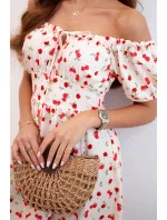 Dámské maxi šaty s květinami a nabíračkami béžová+červená Dámské maxi šaty s květinami a nabíračkami béžová+červená